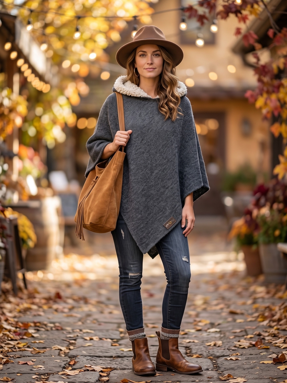 Urku Ecuador Hooded Poncho Knit Wrap Sherpa Trim Boho Cabincore Fall Cape Gray